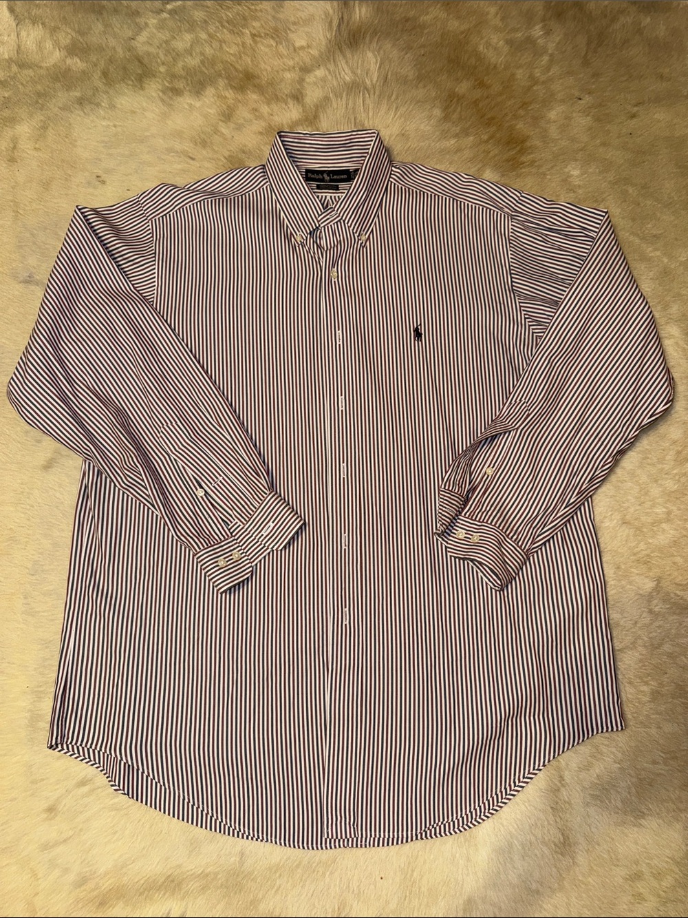 Polo by Ralph Lauren Men’s Navy, Burgandy and White Striped Button-Down Shirt